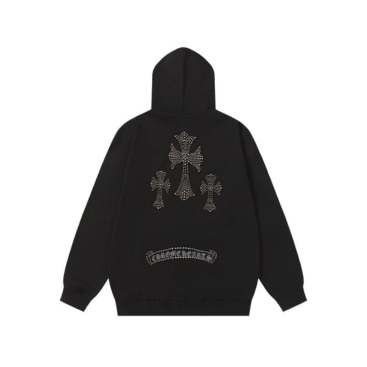 Chrome Hearts Rhinestone Cross Hoodie - Black Gothic Streetwear 2633